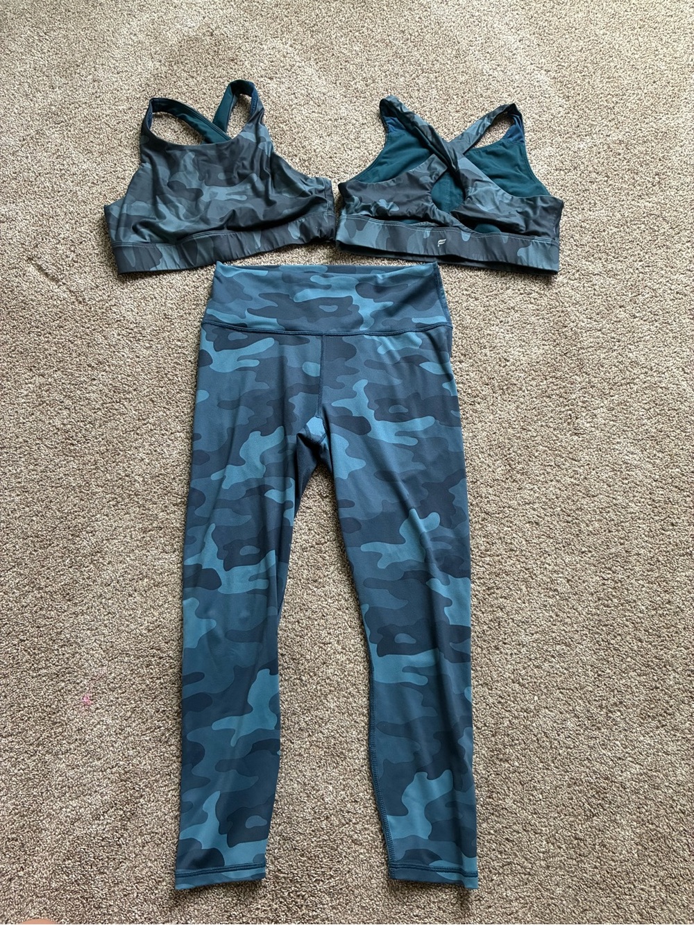 Fabletics-Blue Green Camo High-Waist Leggings & Crossback Sports Bras Set